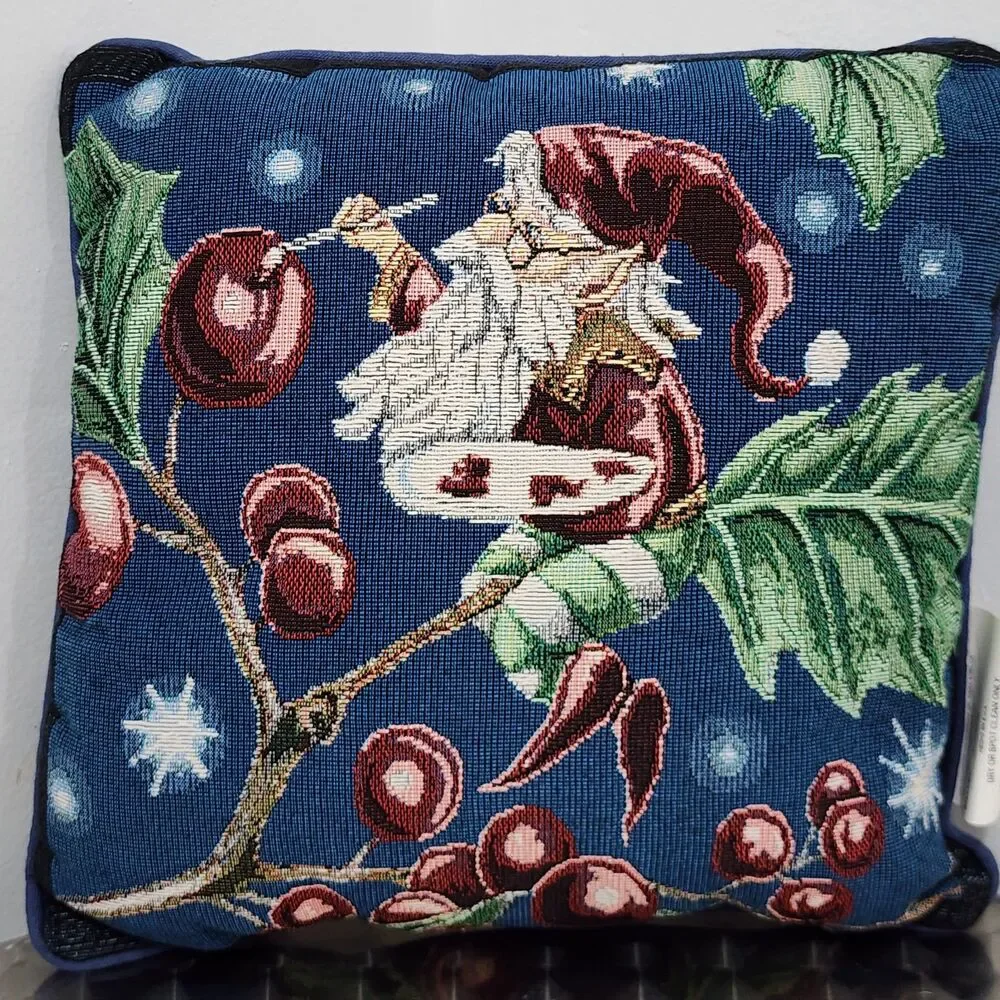 Vintage Christmas Needlepoint Throw Pillows Set 2 Santa Claus Velvet Back Blue